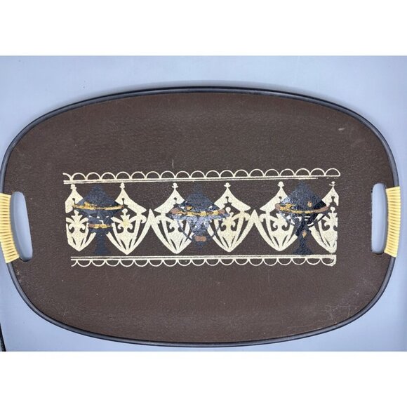 Vtg MCM Oval Brown Serving Tray Woven Handles Hand Painted - Picture 1 of 7